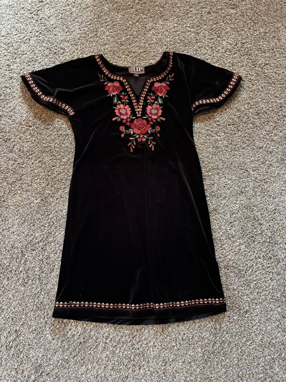 Black Velvet Dress with Red Rose Embroidery